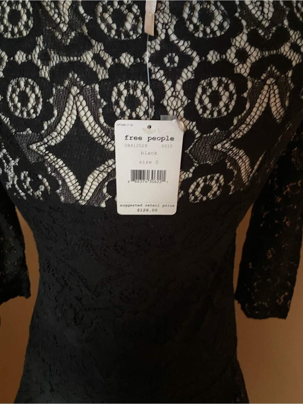 Free People Black Lace Fit & Flare Dress 3/4 Sleeve Boho Size 0 xsmall - Picture 5 of 9